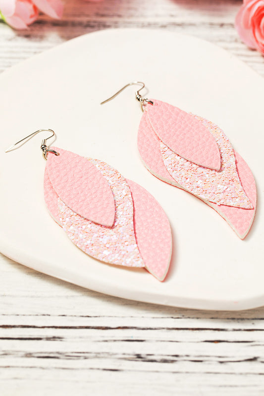 Light Pink Valentine PU Leaves Layered Earrings Jewelry JT's Designer Fashion