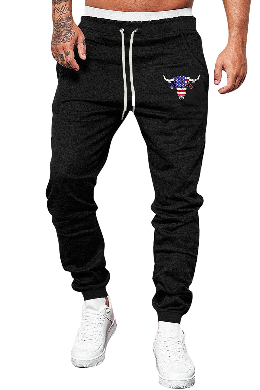 Black American Flag Steer Head Print Drawstring Men's Sweatpants Men's Pants JT's Designer Fashion