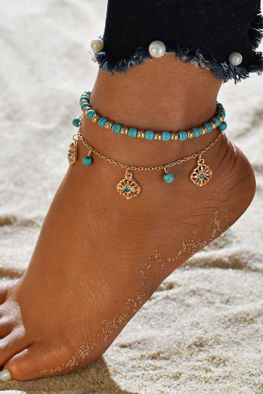 Vintage Turquoise Beading Dual-Layered Pendant Anklet Set Jewelry JT's Designer Fashion