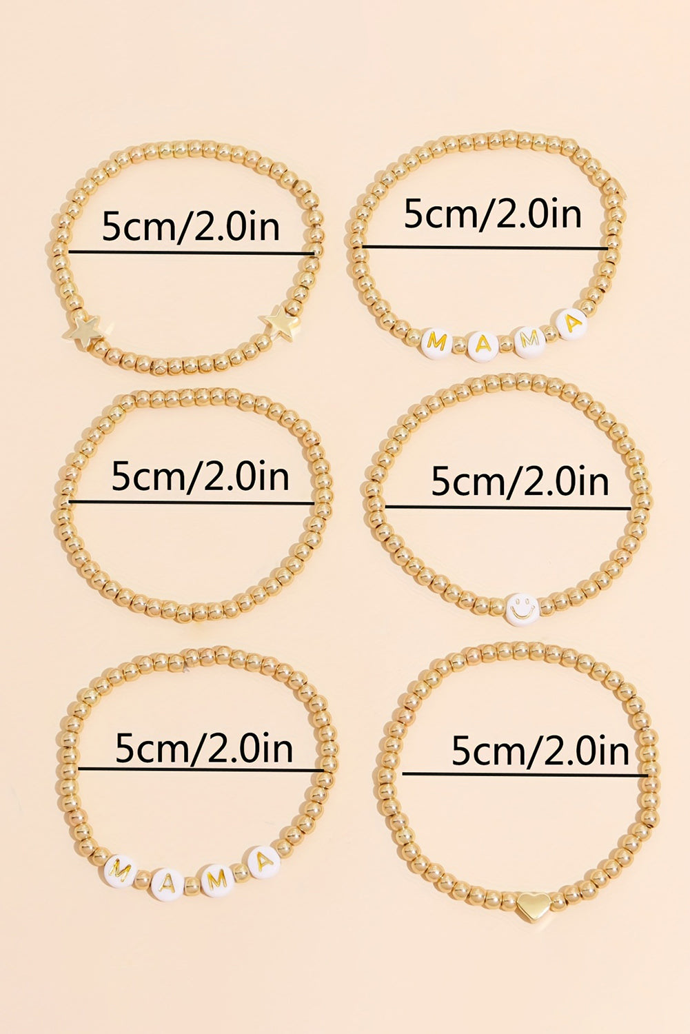 Gold 6Pcs MAMA Heart Star Shape Beaded Bracelet Set Jewelry JT's Designer Fashion