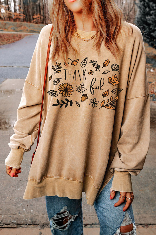 Khaki Thankful Fall Leafy Graphic Split Sweatshirt Graphic Sweatshirts JT's Designer Fashion