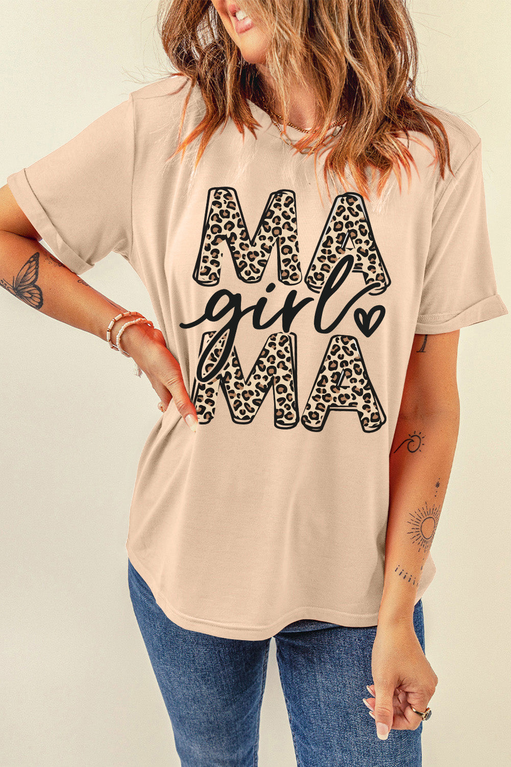 Khaki Lovely Mama Girl Leopard Graphic T Shirt Graphic Tees JT's Designer Fashion