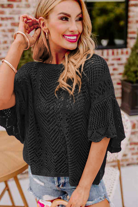 Black Pointelle Knit Scallop Edge Short Sleeve Top Pre Order Tops JT's Designer Fashion