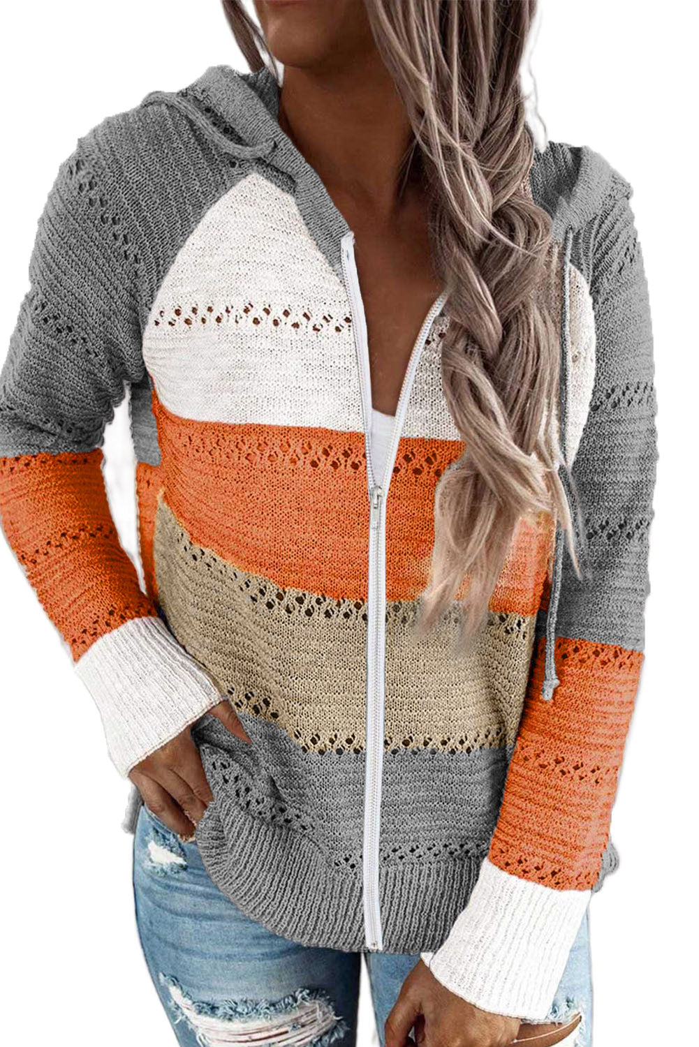 Gray Zipped Front Colorblock Hollow-out Knit Hoodie Sweatshirts & Hoodies JT's Designer Fashion