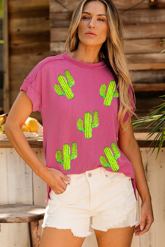 Rose Red Sequined Cactus Patched Ribbed Crew Neck T Shirt Graphic Tees JT's Designer Fashion