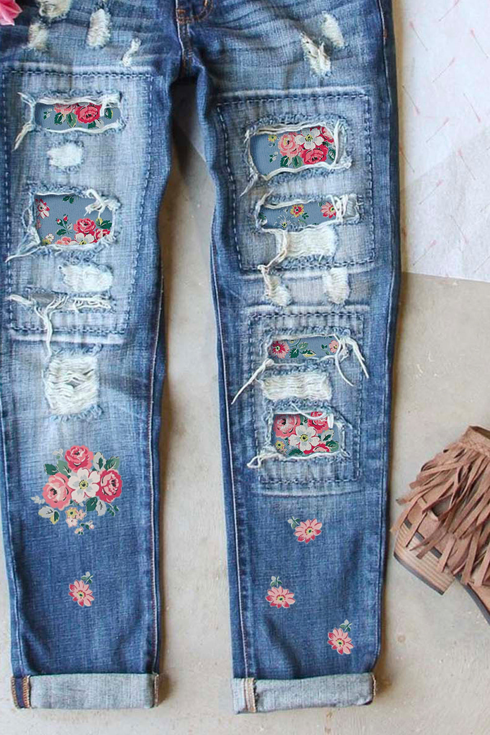 Sky Blue Floral Print Contrast Distressed Mid Waist Jeans Graphic Pants JT's Designer Fashion