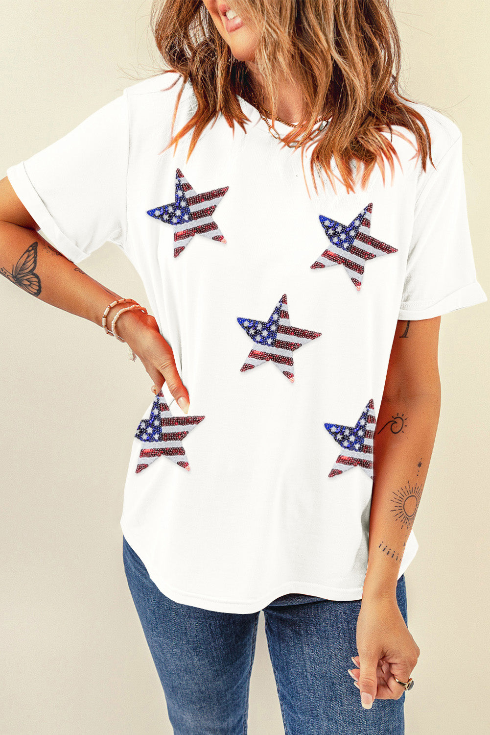 White Sequined American Flag Star Graphic T Shirt Graphic Tees JT's Designer Fashion
