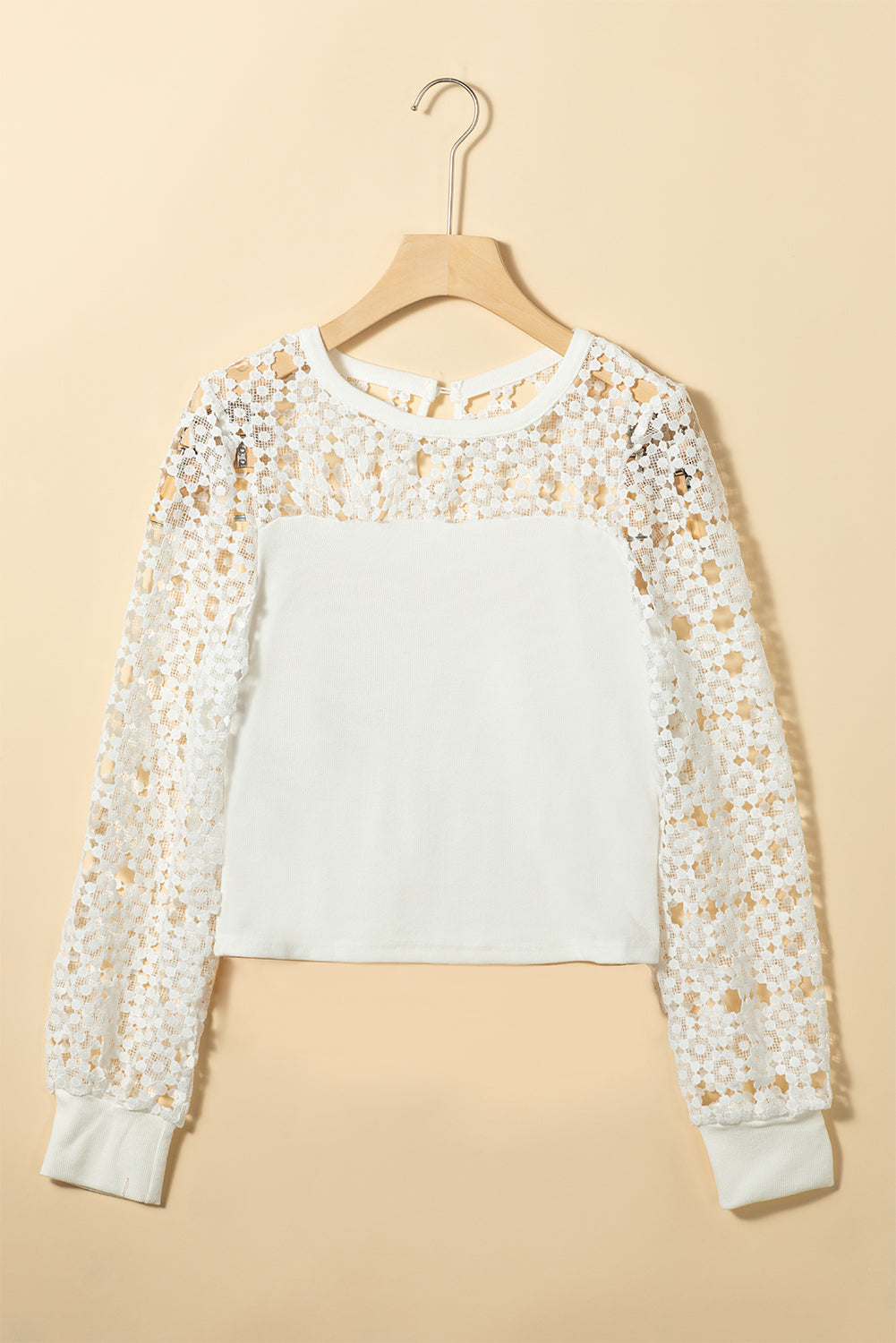 White Hollowed Floral Lace Splicing Long Sleeve Top Long Sleeve Tops JT's Designer Fashion