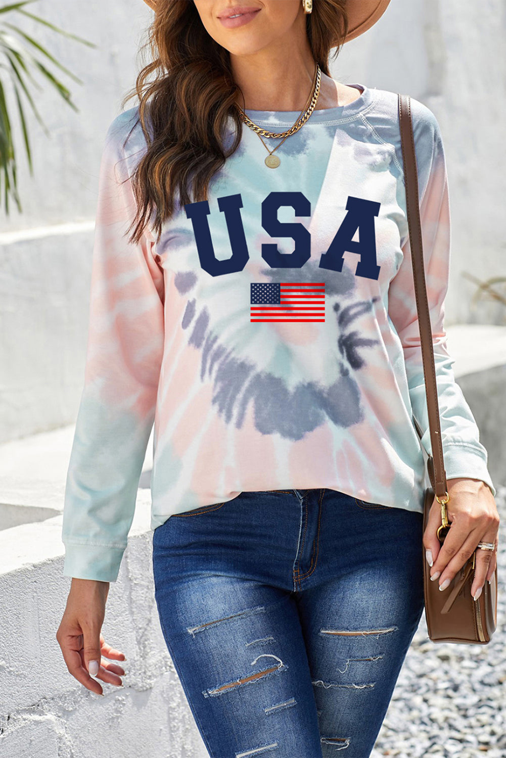 Multicolor USA Flag Pattern Tie Dye Print Graphic Sweatshirt Graphic Sweatshirts JT's Designer Fashion