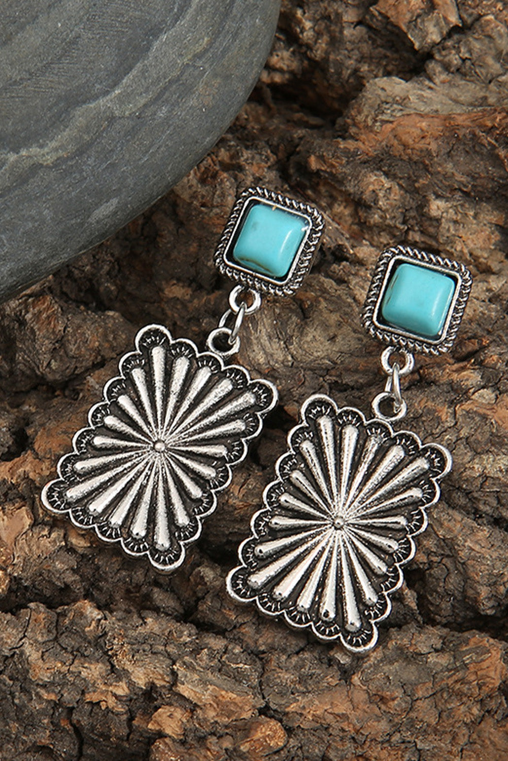 Silvery Retro Western Geometric Turquoise Stud Earrings Jewelry JT's Designer Fashion
