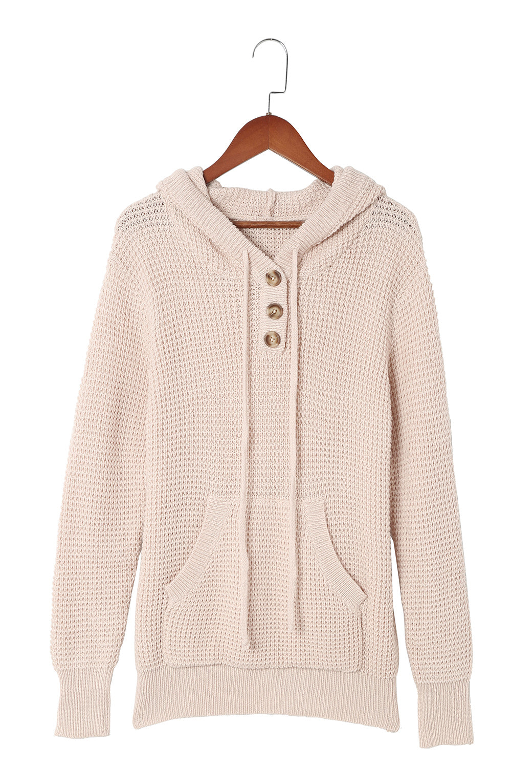 Apricot Waffle Knit Buttons Hooded Sweater with Pocket Sweaters & Cardigans JT's Designer Fashion