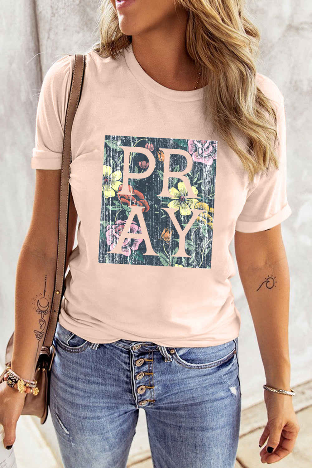 Pink PRAY Floral Print Western Fashion T-shirt Graphic Tees JT's Designer Fashion