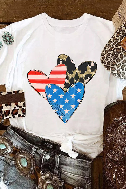 White Stars Stripe Leopard Heart Shape Graphic T Shirt Graphic Tees JT's Designer Fashion