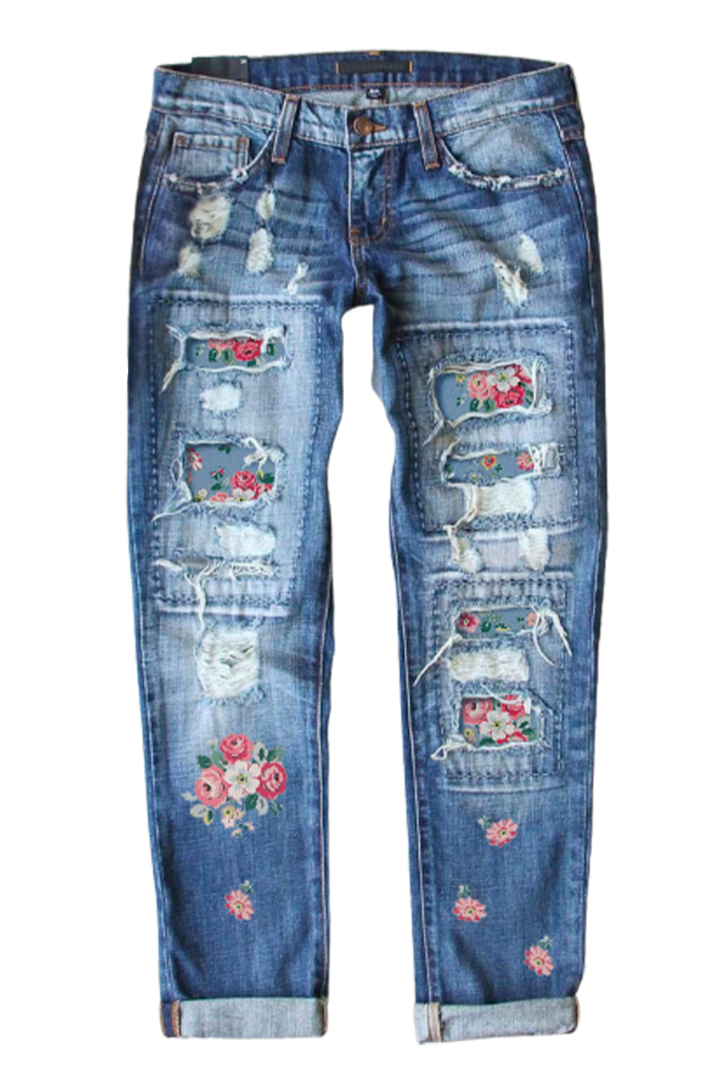 Sky Blue Floral Print Contrast Distressed Mid Waist Jeans Graphic Pants JT's Designer Fashion