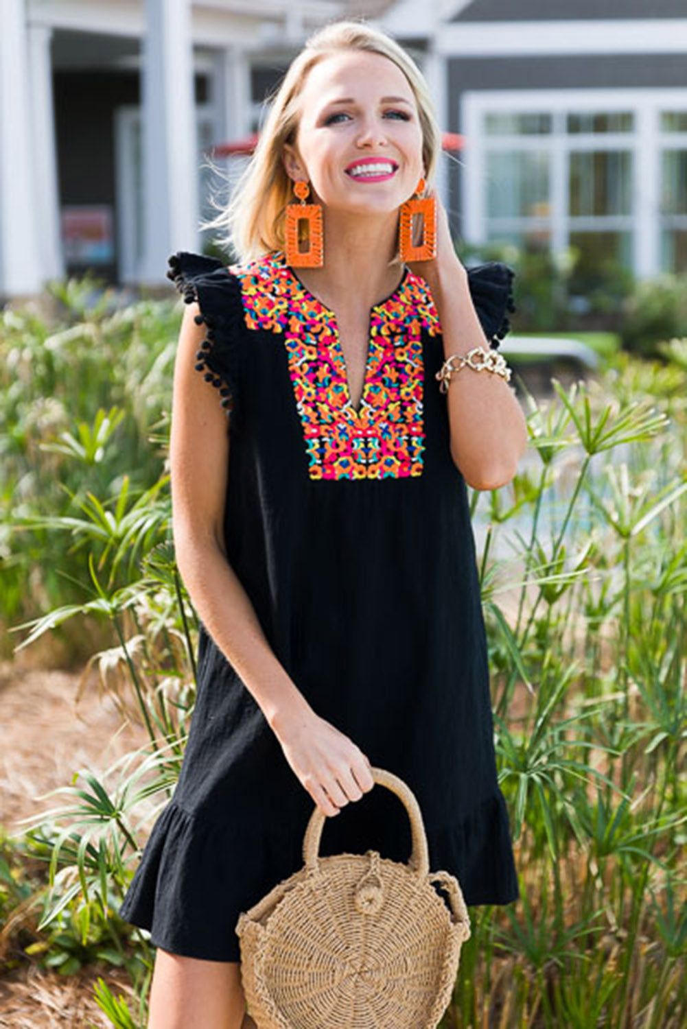 Black Boho Print Pompom Sleeve Shift Dress Mini Dresses JT's Designer Fashion