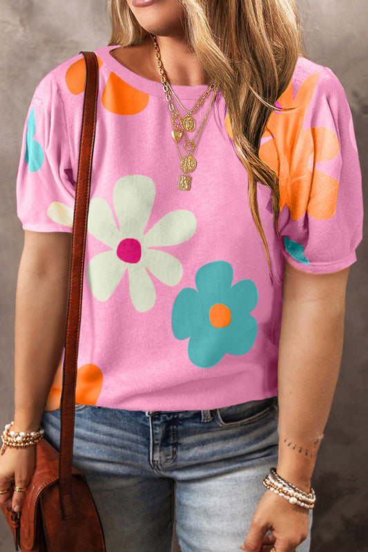 Pink Plus Size Big Flower Printed T Shirt Pre Order Plus Size JT's Designer Fashion
