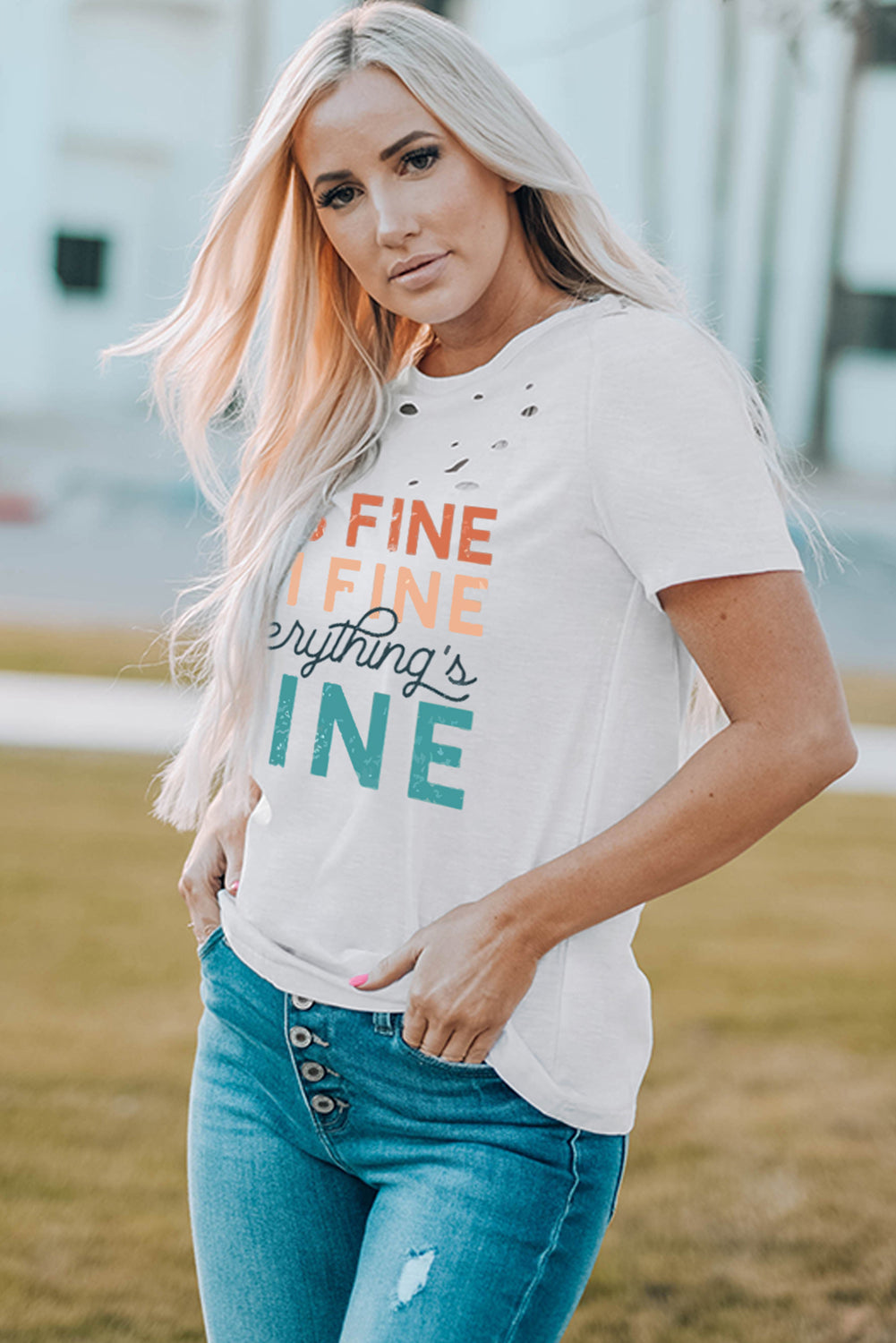 White Everything is Fine Graphic Distressed T-shirt Graphic Tees JT's Designer Fashion
