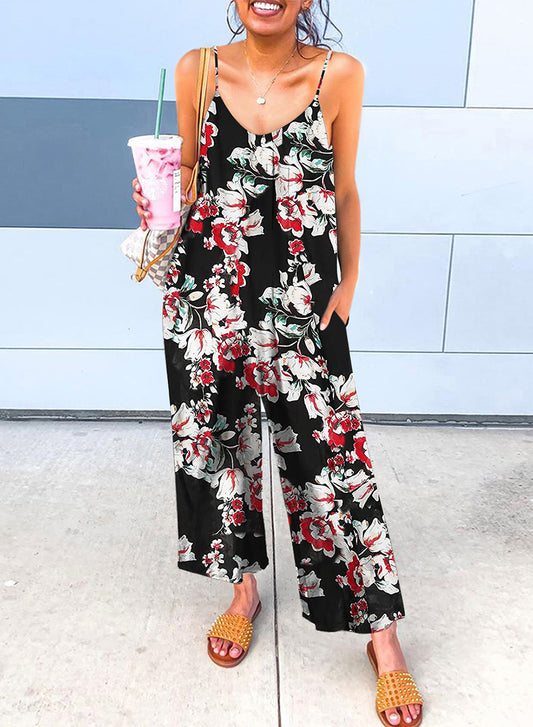 Floral Print Spaghetti Strap Wide Leg jumpsuit Red 95%Polyester+5%Spandex Jumpsuits & Rompers JT's Designer Fashion