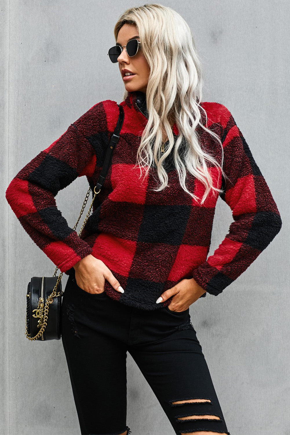 Red Checkered Half Zip Pullover Sweatshirts & Hoodies JT's Designer Fashion