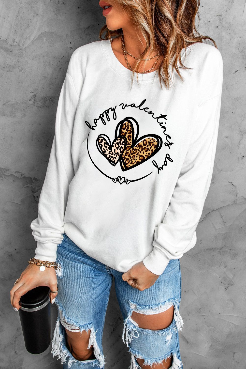 White Leopard Heart Shaped Letter Print Graphic Sweatshirt Graphic Sweatshirts JT's Designer Fashion