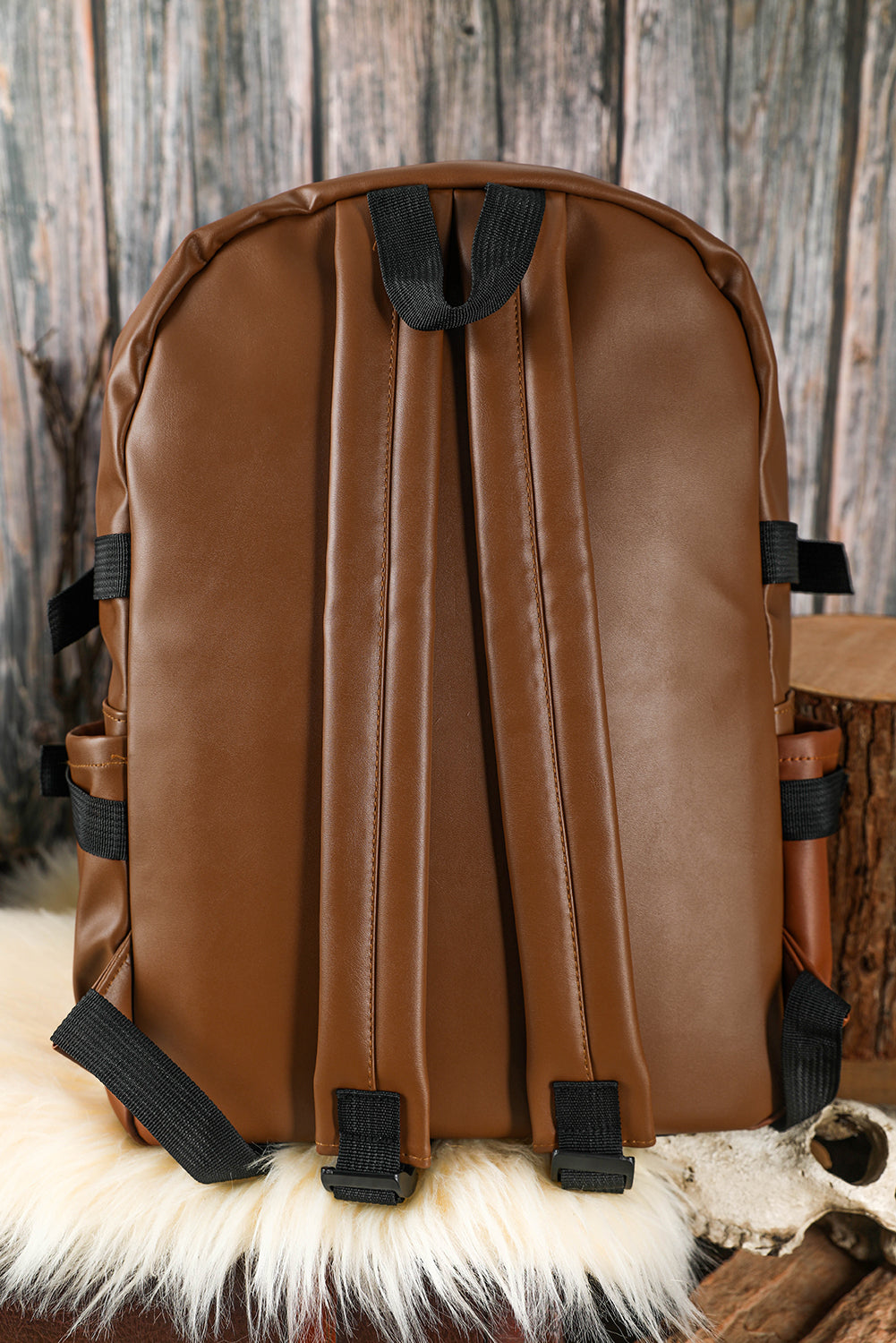 Chestnut Faux Leather Zipped Large Capacity Backpack Backpacks JT's Designer Fashion