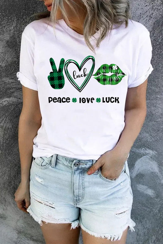 White Peace Love Luck Graphic Print Crew Neck T Shirt Graphic Tees JT's Designer Fashion