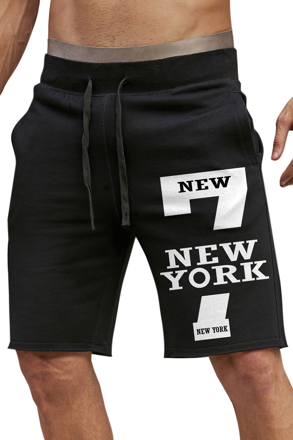 Black New York Number 7 Print Jogging Fitness Drawstring Shorts Men's Pants JT's Designer Fashion