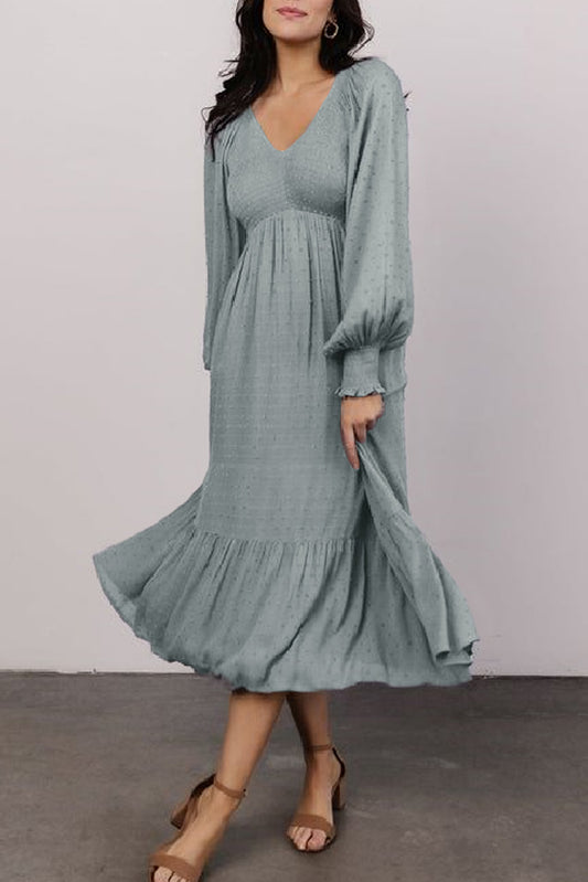 Blue Smocked V Neck Swiss Dot Ruffle Long Sleeve Dress Midi Dresses JT's Designer Fashion