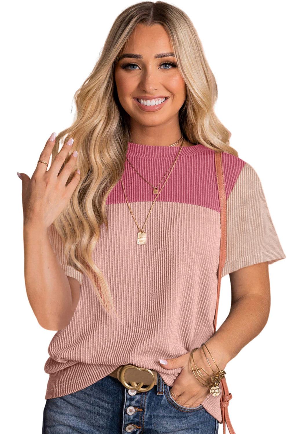 Pink Rib Textured Colorblock T Shirt Pre Order Tops JT's Designer Fashion