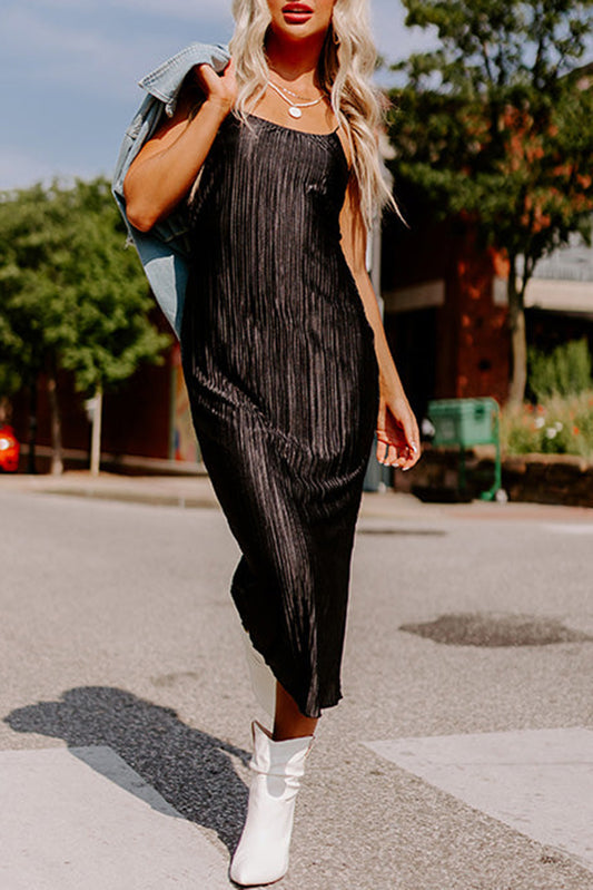 Black Spaghetti Straps Backless Pleated Midi Dress Midi Dresses JT's Designer Fashion