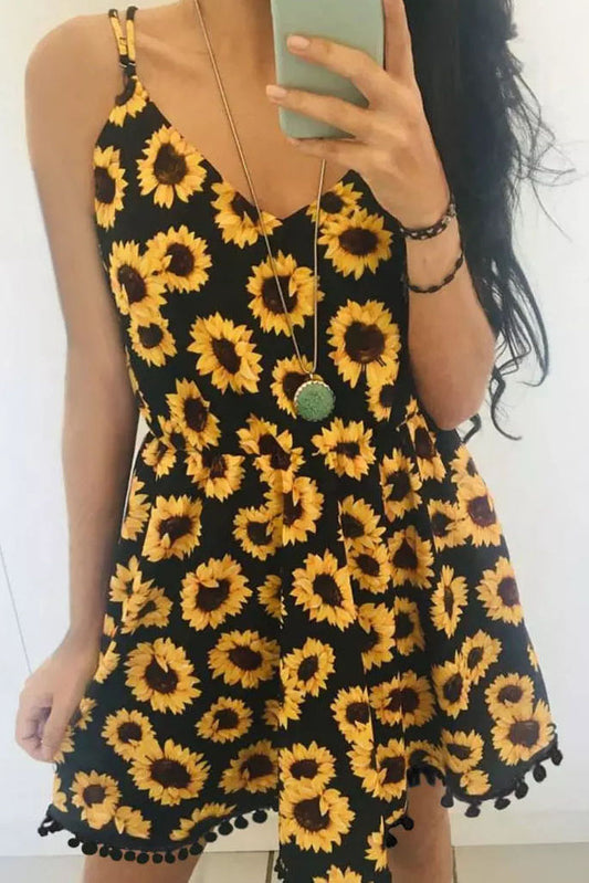 Sunflower Tassel Splicing Elastic Waist V-Neck Mini Dress - Black Mini Dresses JT's Designer Fashion
