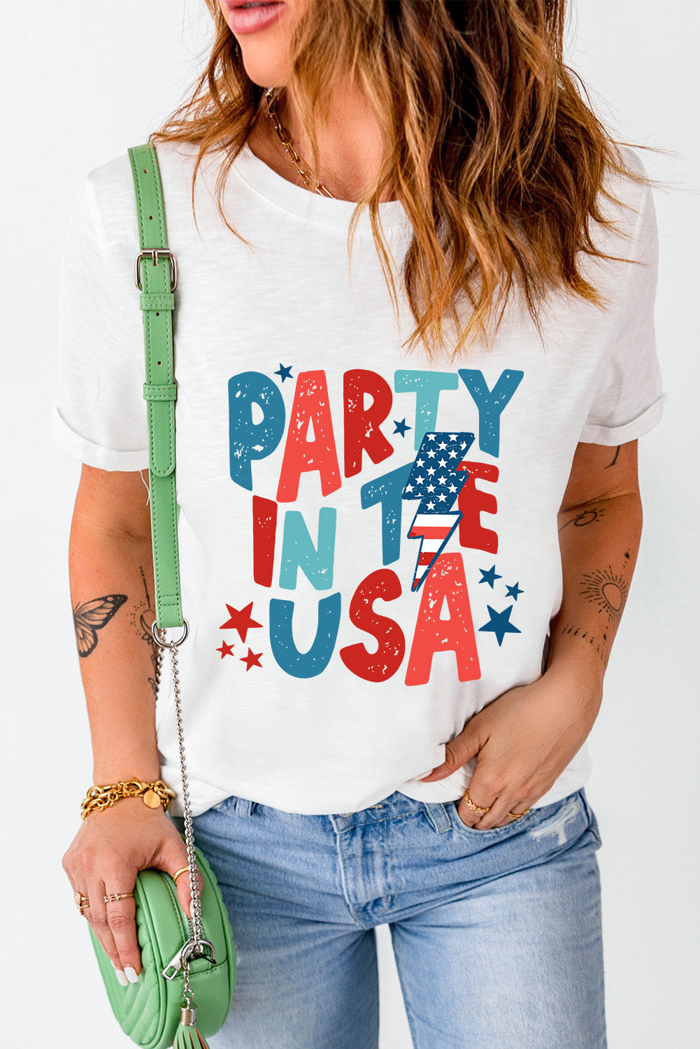 White PARTY IN THE USA American Flag Bolt Graphic Tee Graphic Tees JT's Designer Fashion