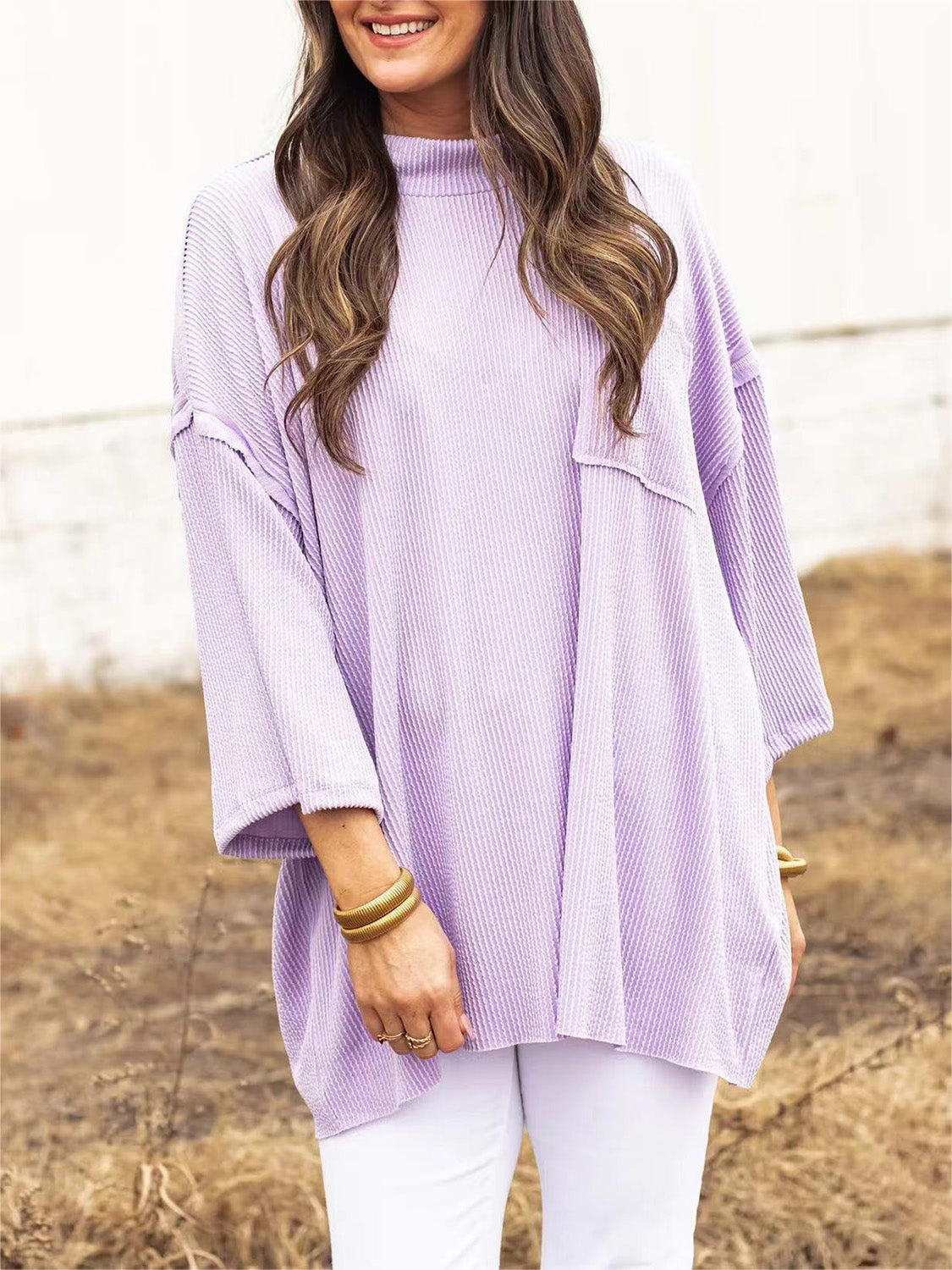 Mock Neck Dropped Shoulder T-Shirt Light Purple T-Shirts JT's Designer Fashion