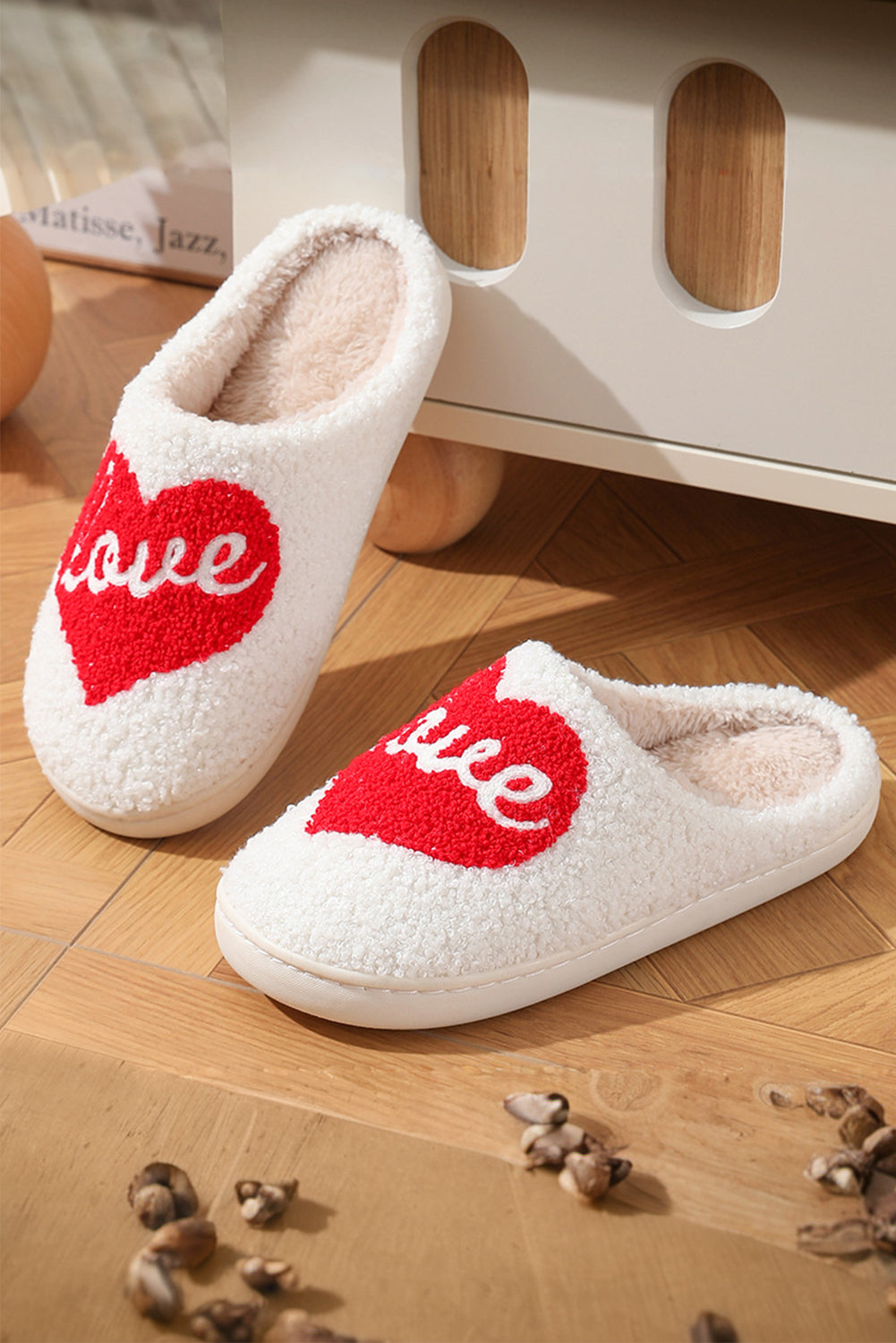 Fiery Red Valentine Love Heart Pattern Home Fuzzy Slippers Slippers JT's Designer Fashion