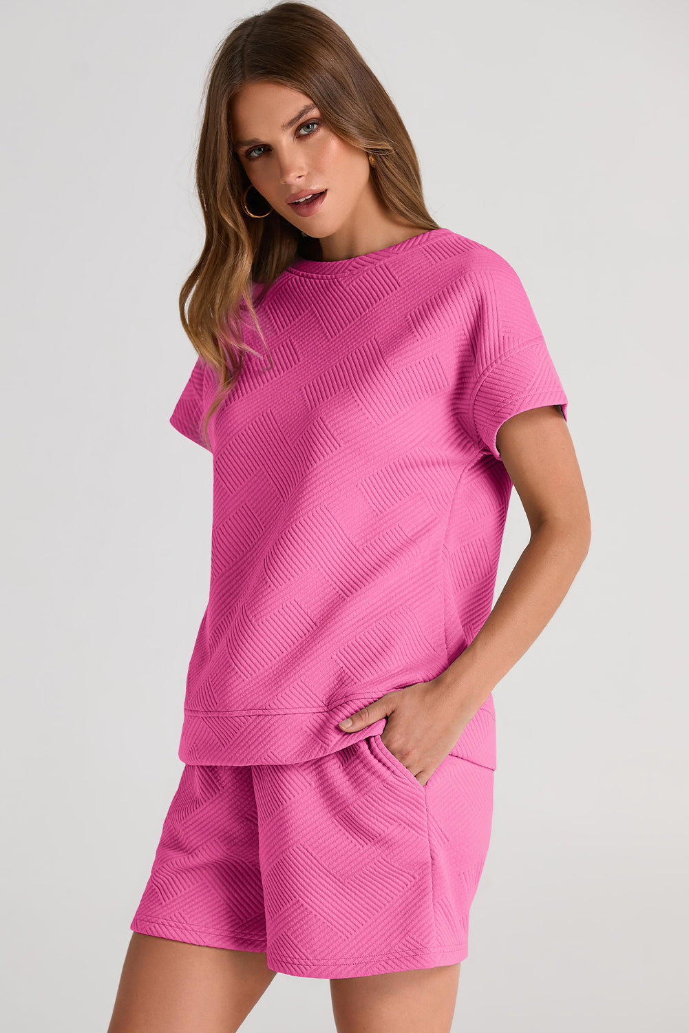 Strawberry Pink 2pcs Solid Textured Drawstring Shorts Set Pre Order Bottoms JT's Designer Fashion