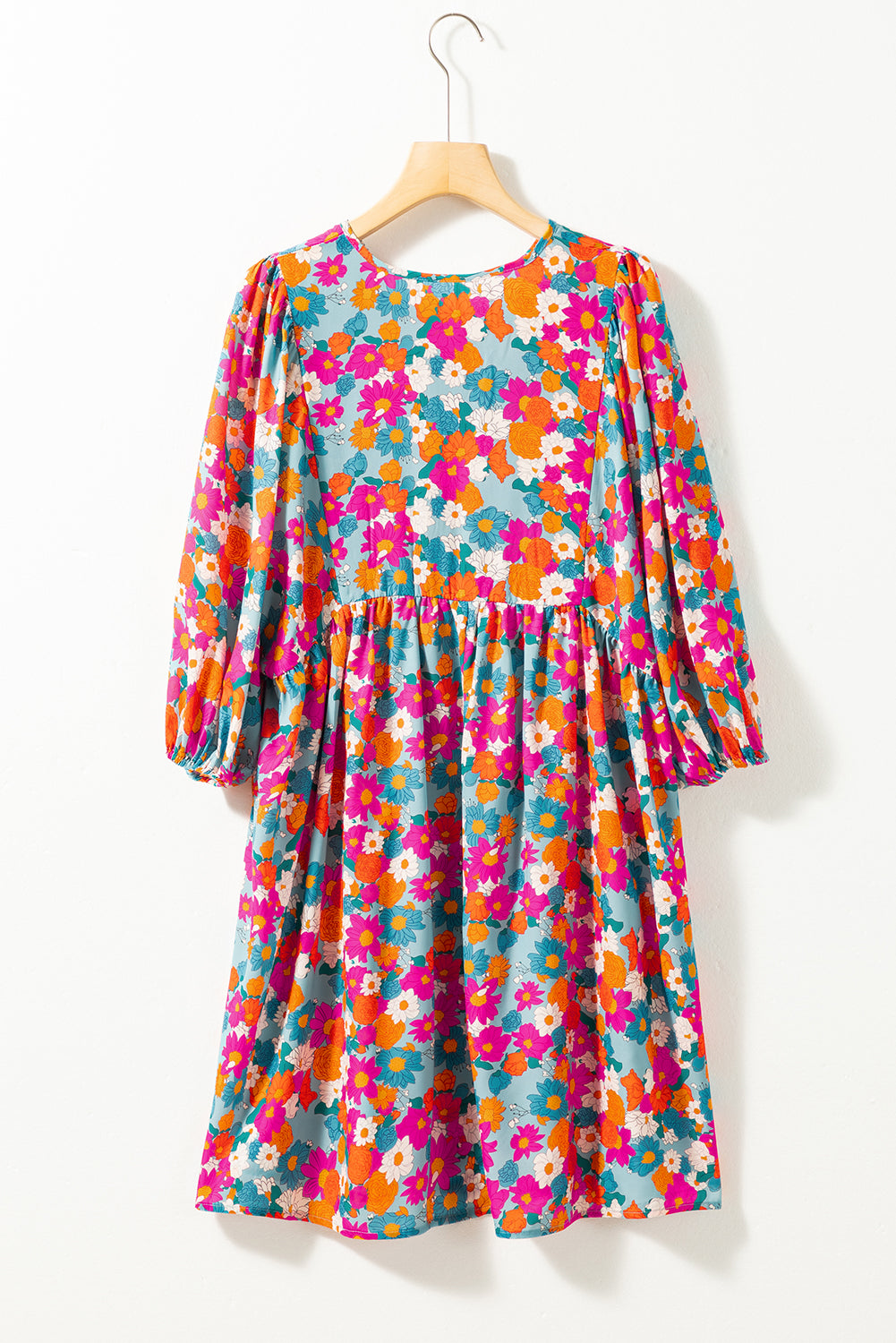Sky Blue Floral Print Tie Split Neck Bubble Sleeve Babydoll Dress Floral Dresses JT's Designer Fashion