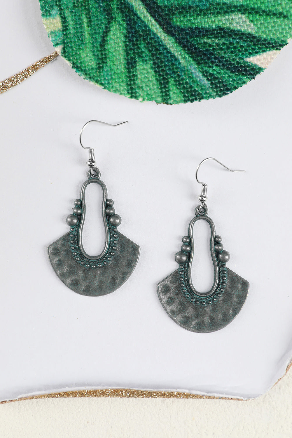 Silver Geometric Fan Shape Antiqued Dangle Earrings Jewelry JT's Designer Fashion