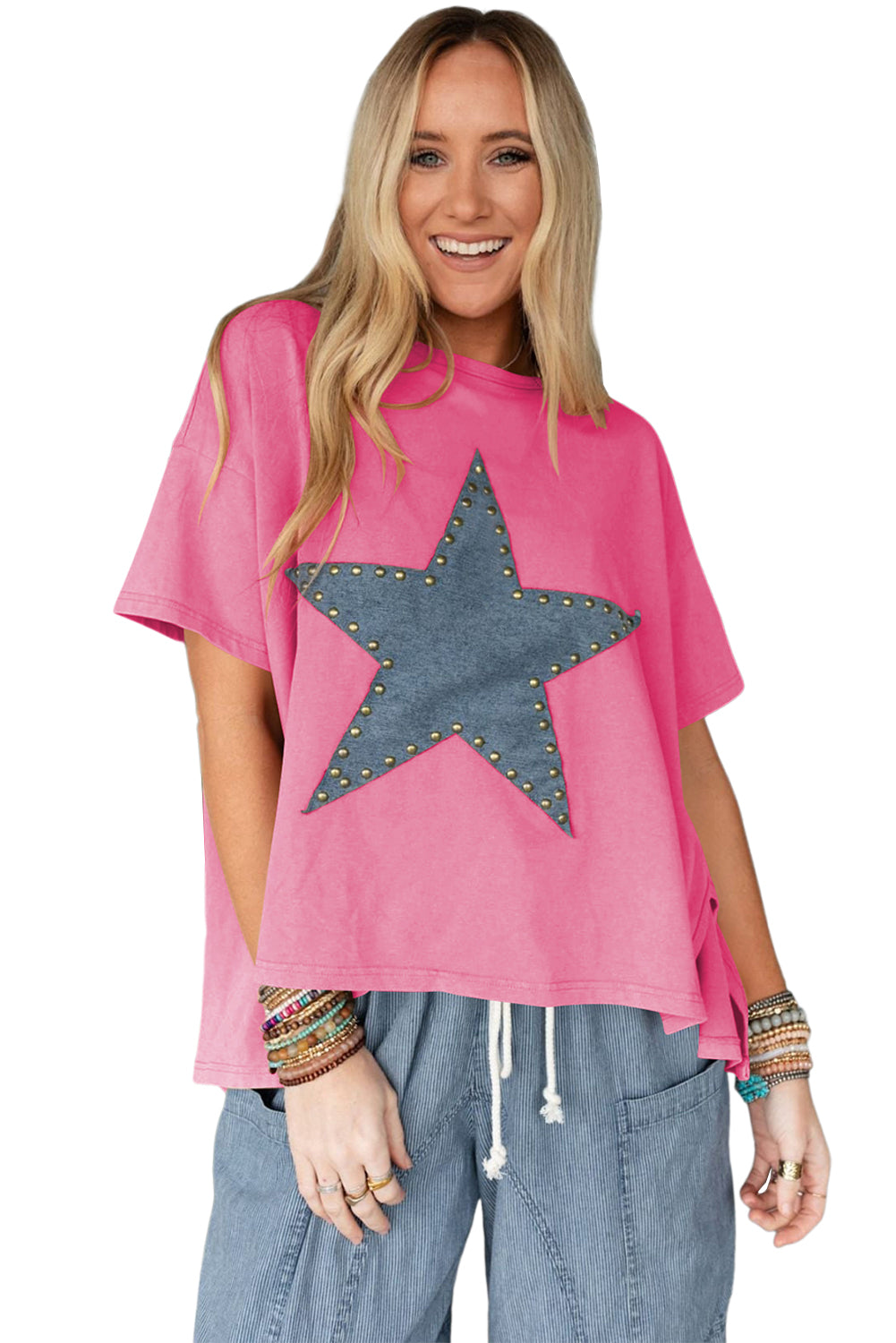 Sachet Pink Mineral Wash Studded Star Patch Graphic High Low Tee Pre Order Tops JT's Designer Fashion