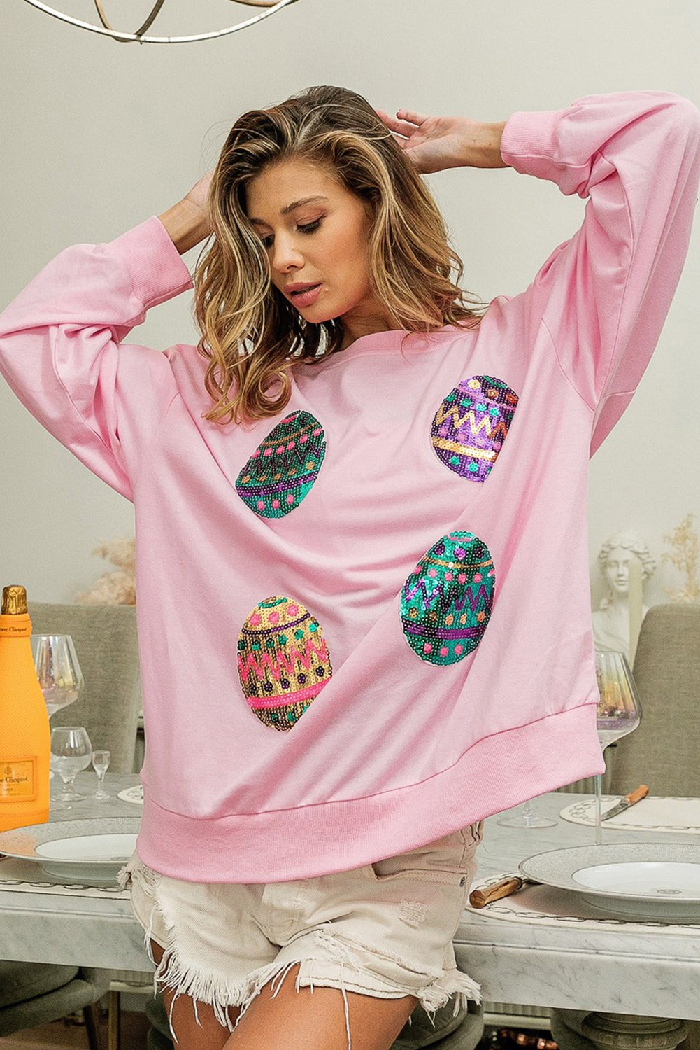Pink Sequined Easter Egg Drop Shoulder Oversized Sweatshirt Sweatshirts & Hoodies JT's Designer Fashion