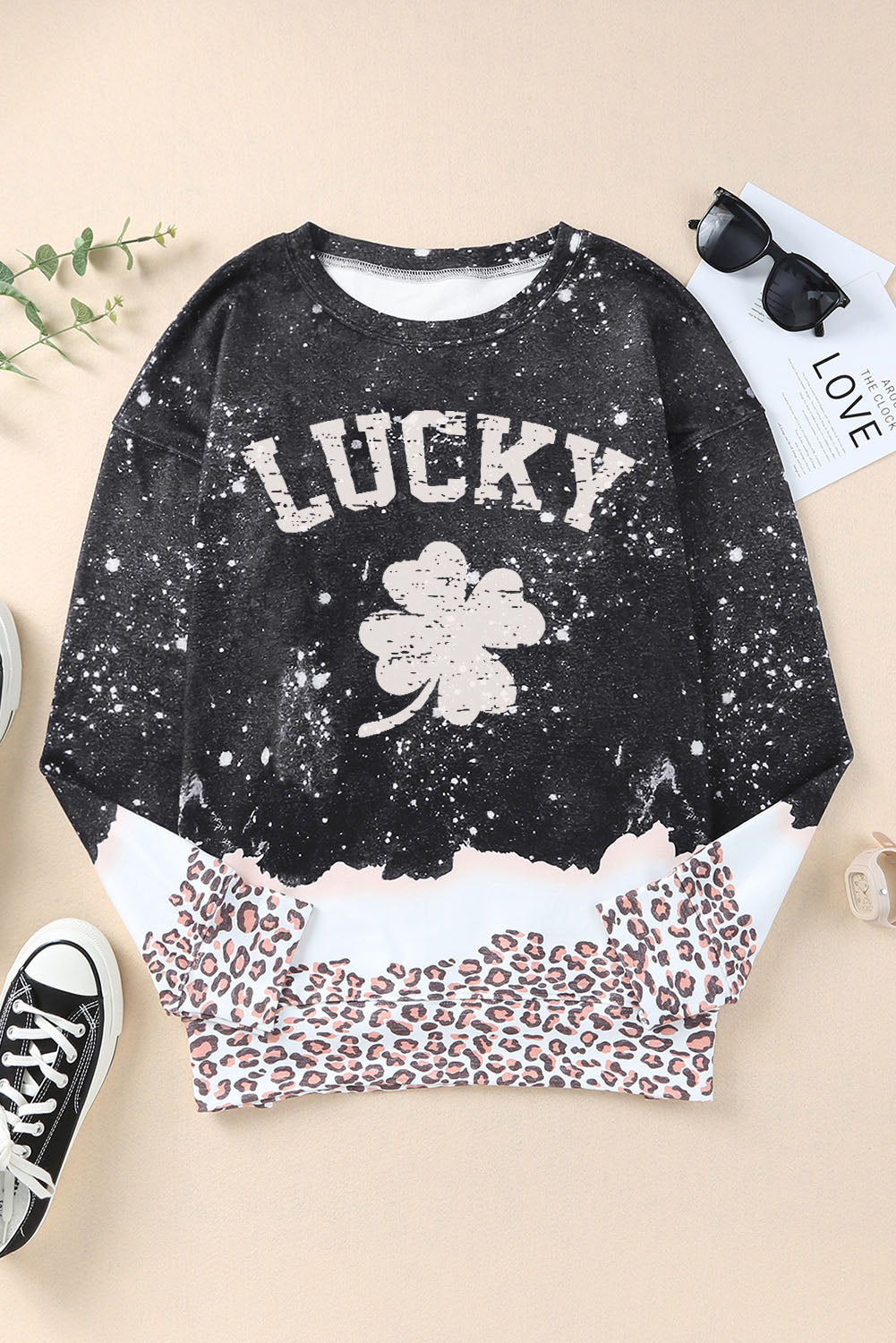 Black LUCKY Clover Leopard Bleached Graphic Sweatshirt Graphic Sweatshirts JT's Designer Fashion