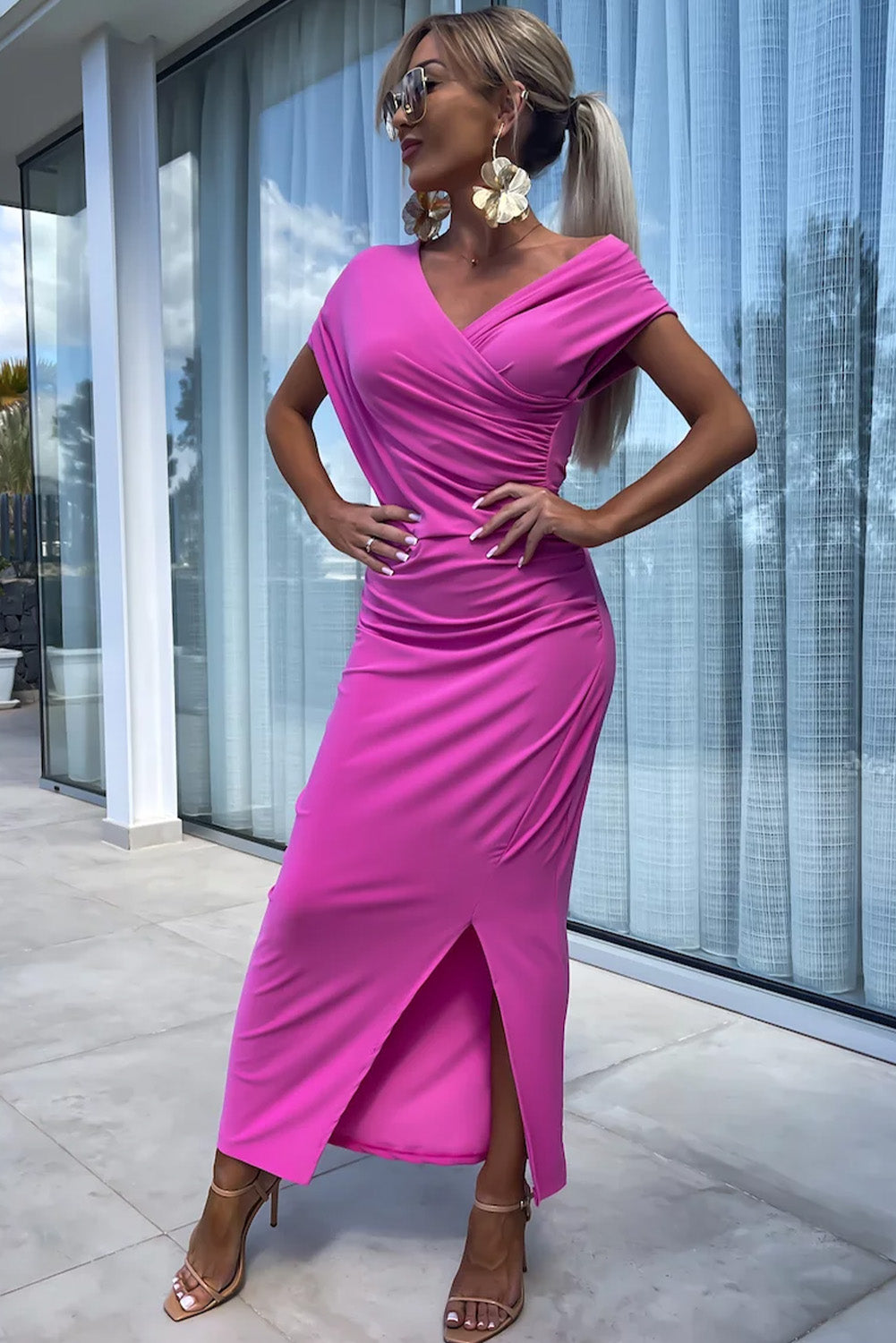 Bright Pink Short Sleeve Surplice V Neck Split Midi Dress Pre Order Dresses JT's Designer Fashion