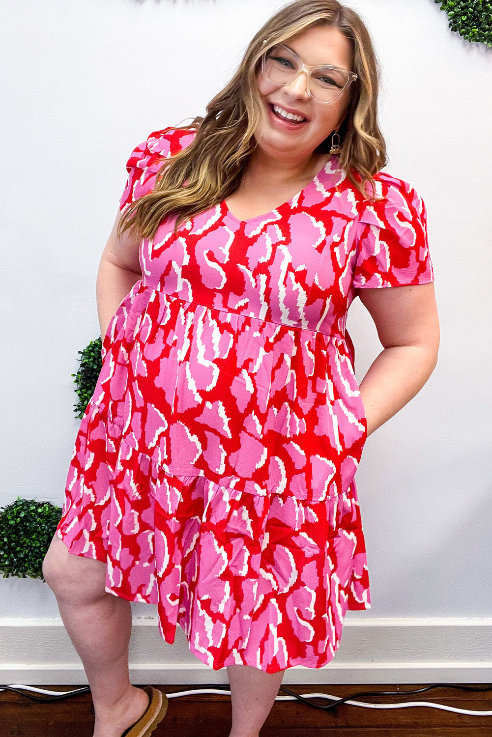 Pink Plus Size Leopard V Neck Short Sleeve Dress Pre Order Plus Size JT's Designer Fashion