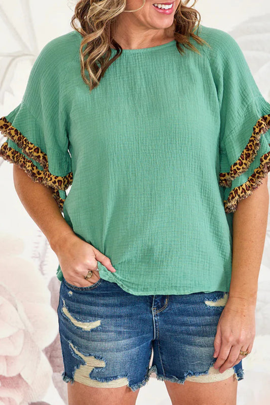 Mint Green Leopard Splicing Tiered Ruffled Sleeve Plus Size Top