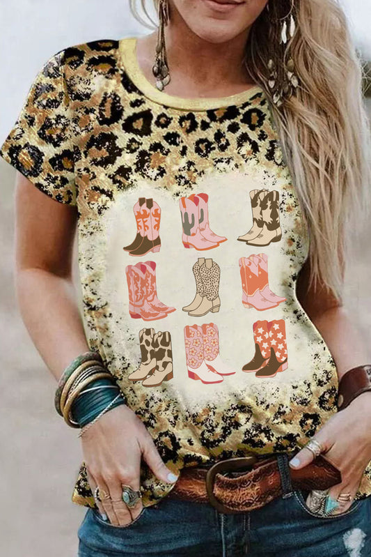 Leopard Cowgirl Boots Graphic Bleached Leopard T Shirt Graphic Tees JT's Designer Fashion