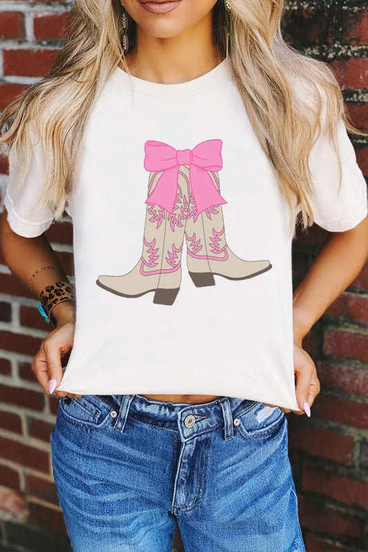 White Western Boots Bow Print Round Neck T Shirt Graphic Tees JT's Designer Fashion