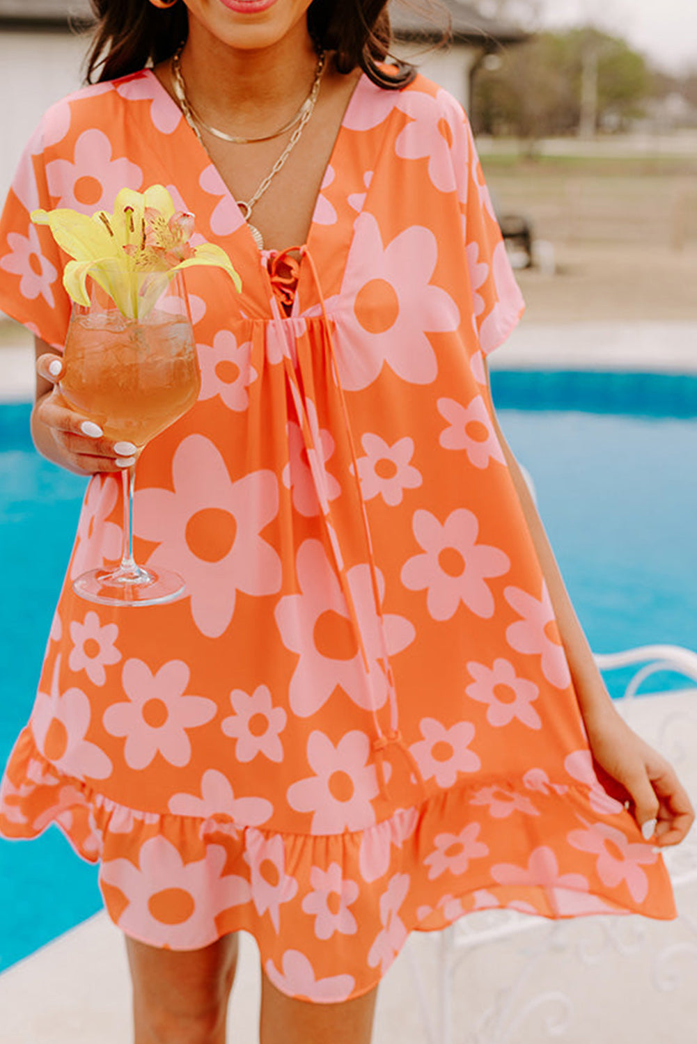 Orange Boho Flower Print Short Sleeve Ruffled Shift Dress Pre Order Dresses JT's Designer Fashion