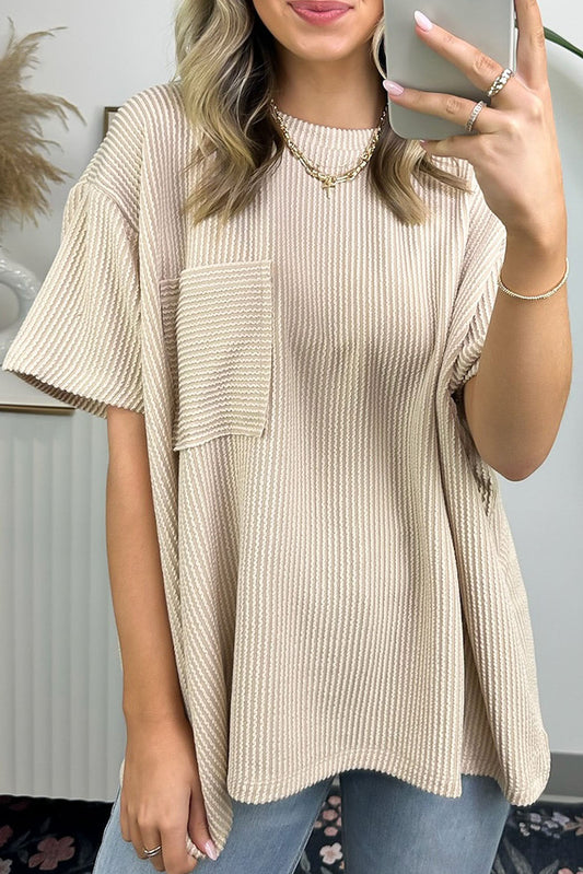 Beige Ribbed Knit Pocketed Loose Fit Crew Neck T Shirt