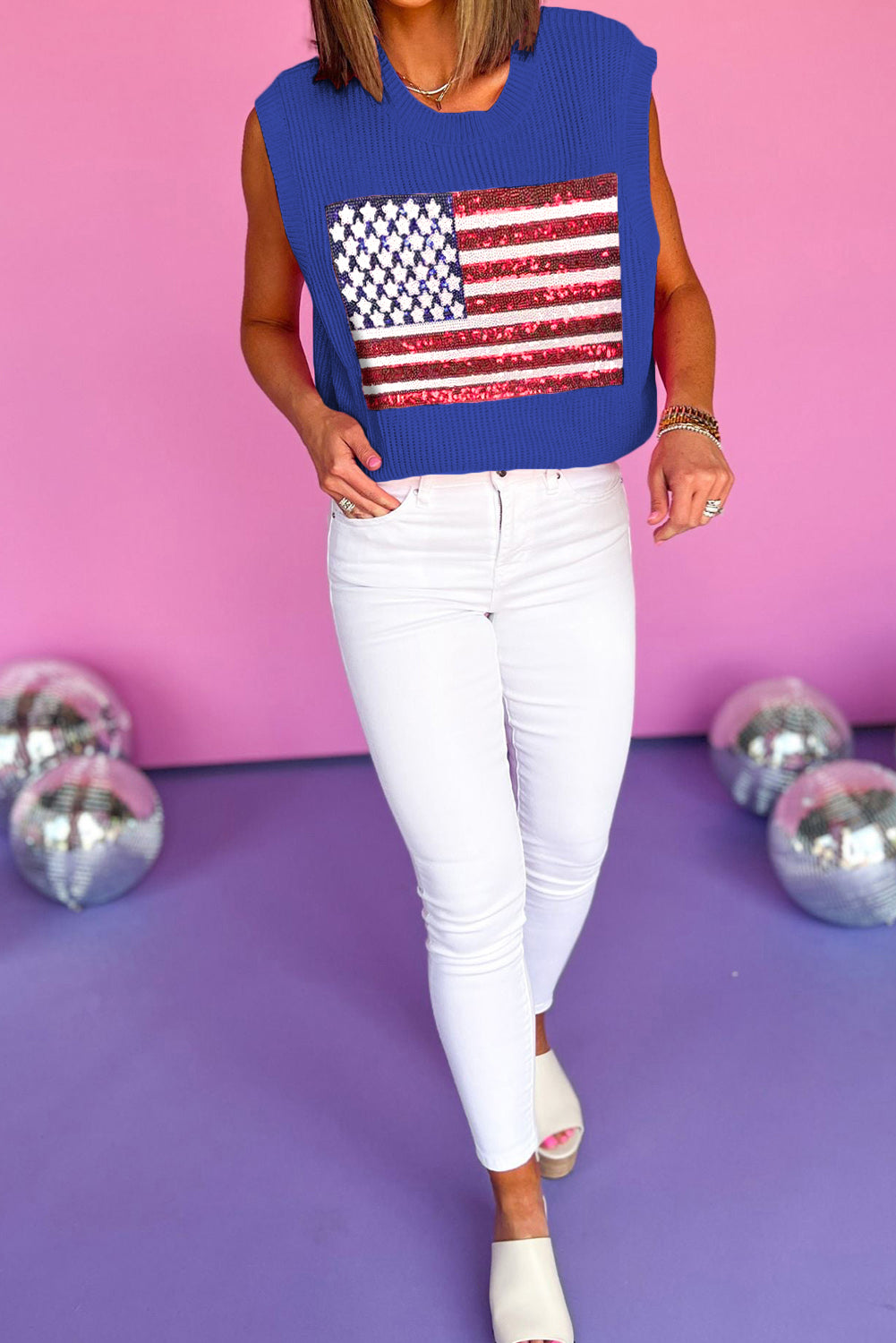 Bluing American Flag Stud Sequin Pearl Stud Waffle Knit Tank Top Pre Order Tops JT's Designer Fashion