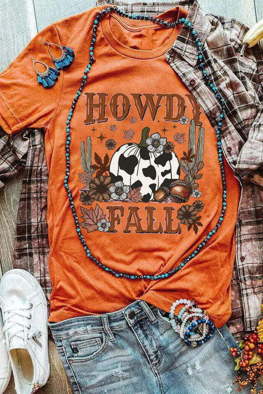 Orange HOWDY FALL Western Pumpkin Graphic T Shirt Graphic Tees JT's Designer Fashion