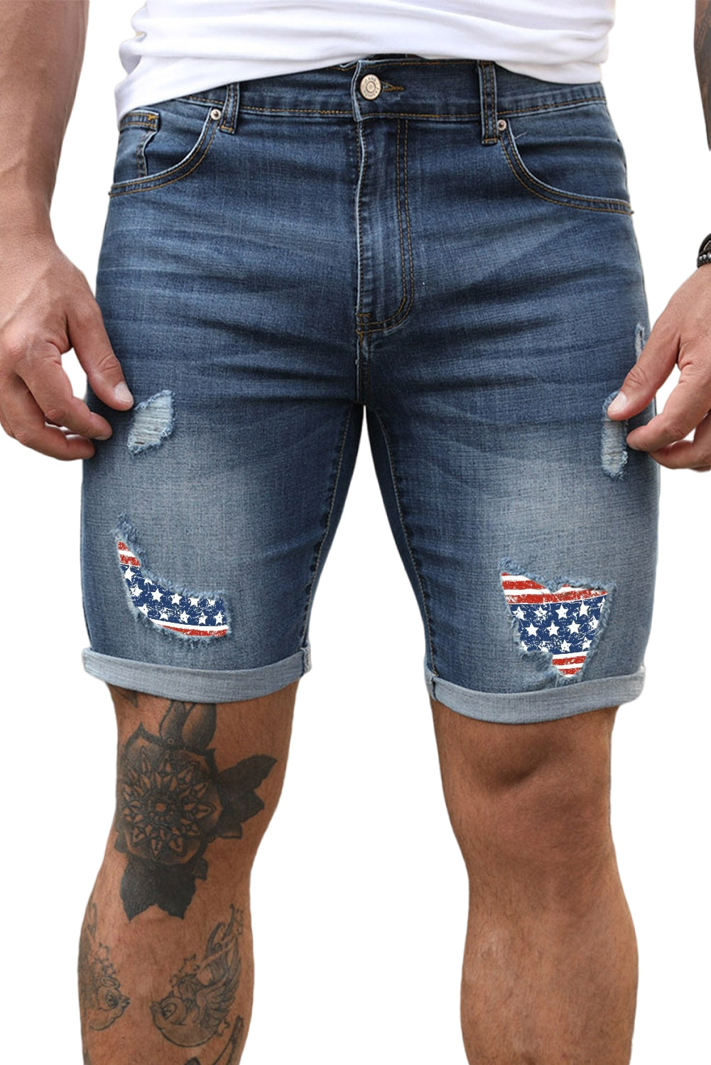 Blue American Flag Patchwork Muscle Fit Men's Denim Shorts Men's Pants JT's Designer Fashion